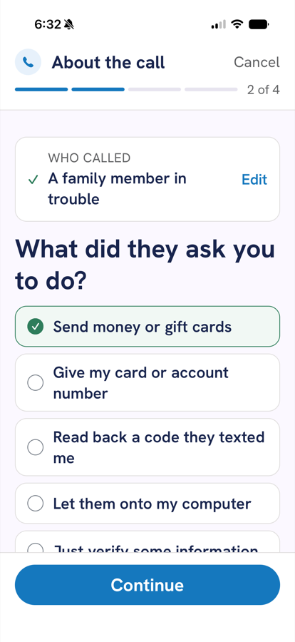 Question 2 of 4: what did they ask you to do? Send money or gift cards is selected.