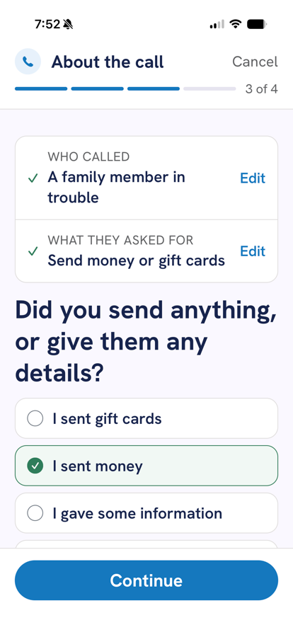Question 3 of 4: did you send anything, or give them any details? I sent money is selected.
