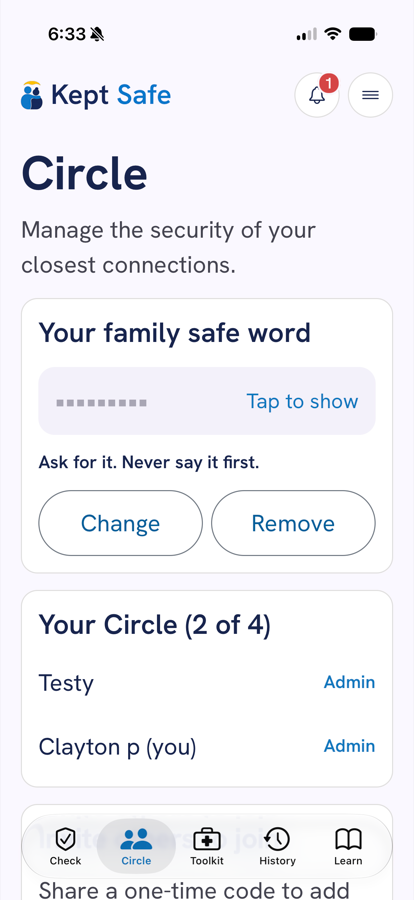 The Kept Safe Circle screen showing a hidden family safe word with a Tap to show control, and a list of Circle members with their admin roles.