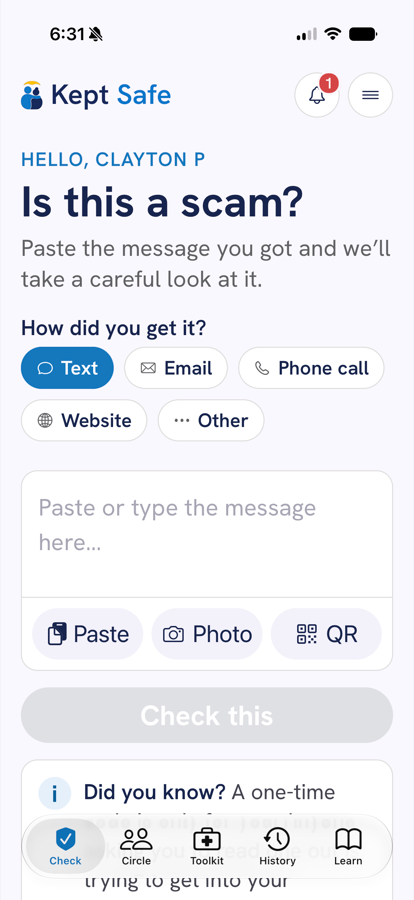 The Kept Safe Check screen asking &ldquo;Is this a scam?&rdquo;, with buttons to choose whether the message arrived by text, email, phone call, website, or another way, and a box to paste the message.