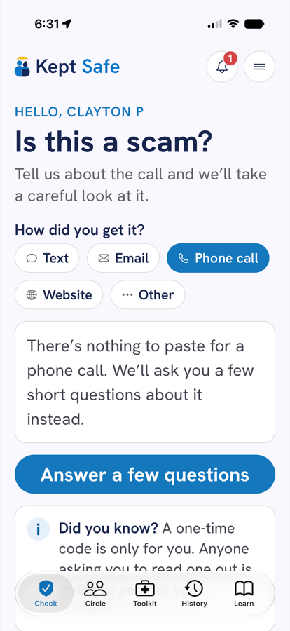 The Check screen with Phone call selected, explaining that there is nothing to paste for a phone call and offering a button to answer a few questions instead.
